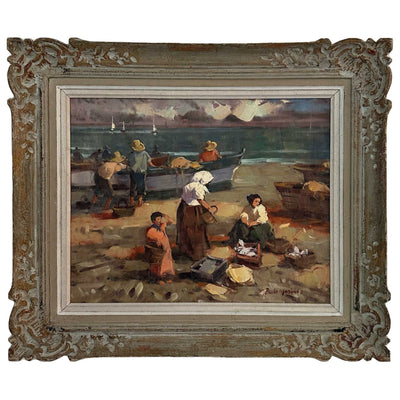 Retour de pêche sur la côte bretonne - Huile sur toile - P.Njarinha - vers 1890