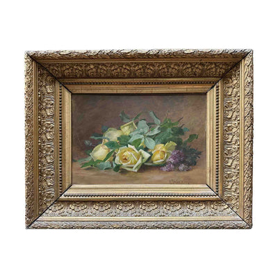 Roses et feuillage sur table - Huile sur toile - J-A.Gamba de Preydour