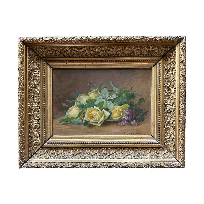 Tableau Roses et feuillage sur table - Huile sur toile - J-A.Gamba de Preydour