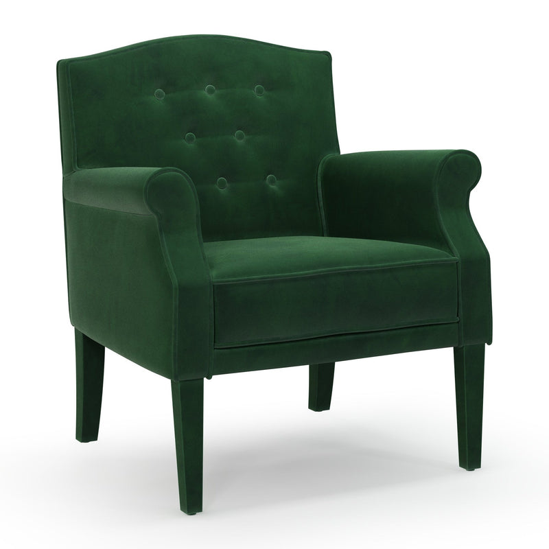 Charles Fauteuil club avec boutons pieds en tissu Velours vert Sapin vue 3/4