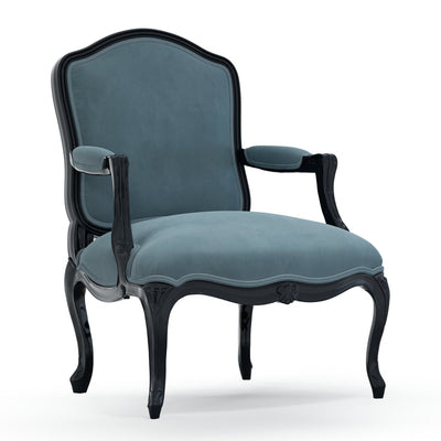 Figeac Fauteuil tapissé patine Ebène couleur Velours bleu Denim vue 3/4