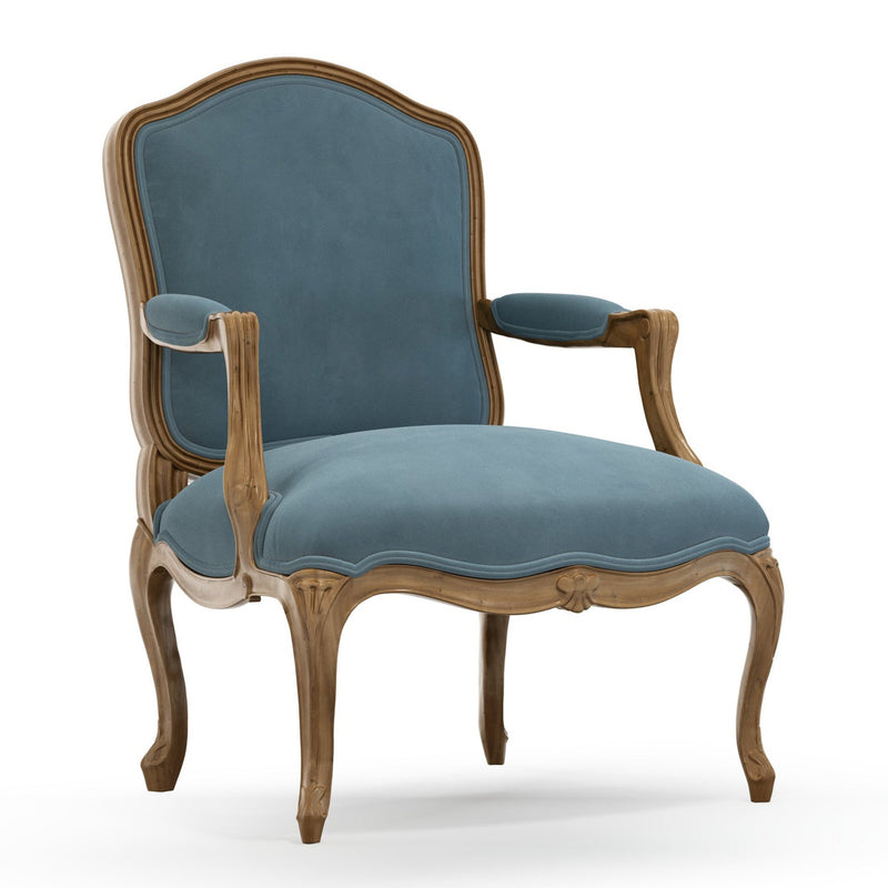 Figeac Fauteuil tapissé patine Brienne couleur Velours bleu Denim vue 3/4