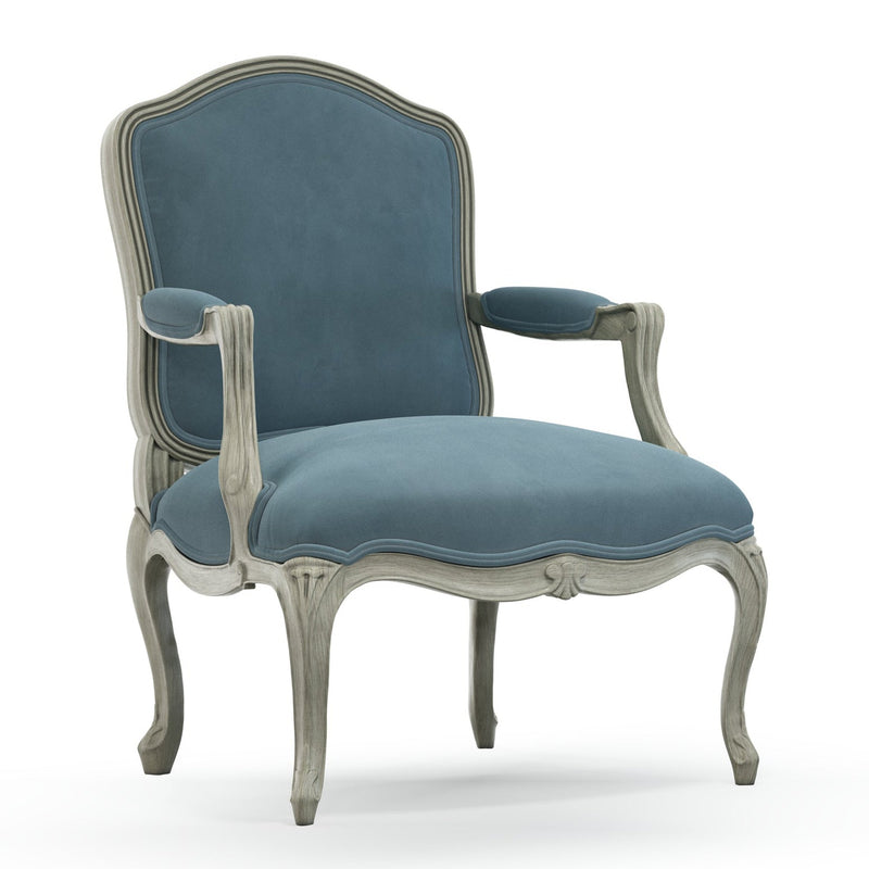 Figeac Fauteuil tapissé patine Trianon couleur Velours bleu Denim vue 3/4