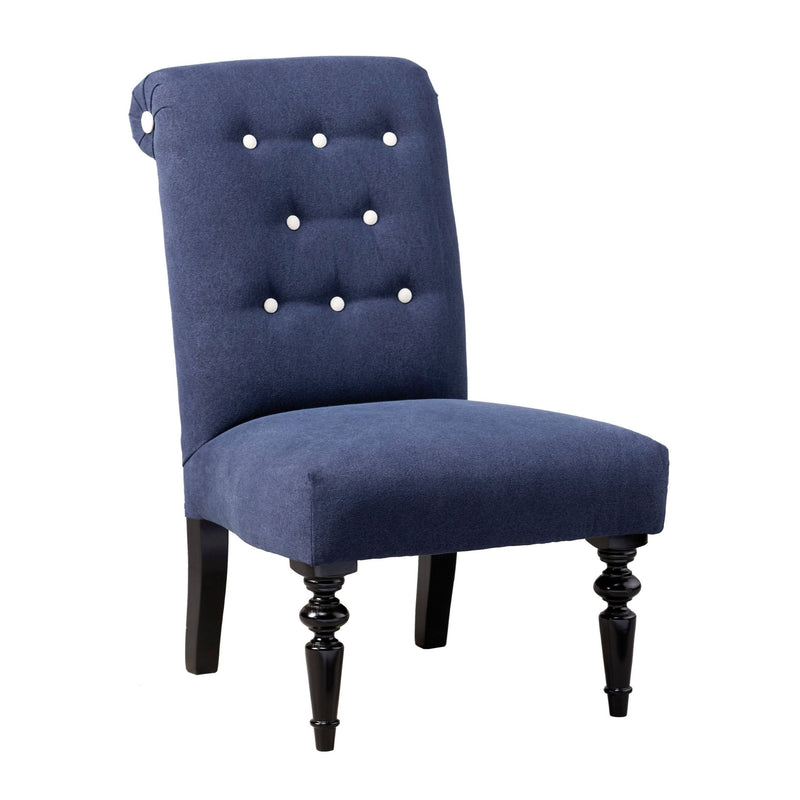 Fauteuil bas tapissé Oxford coloris bleu avec boutons