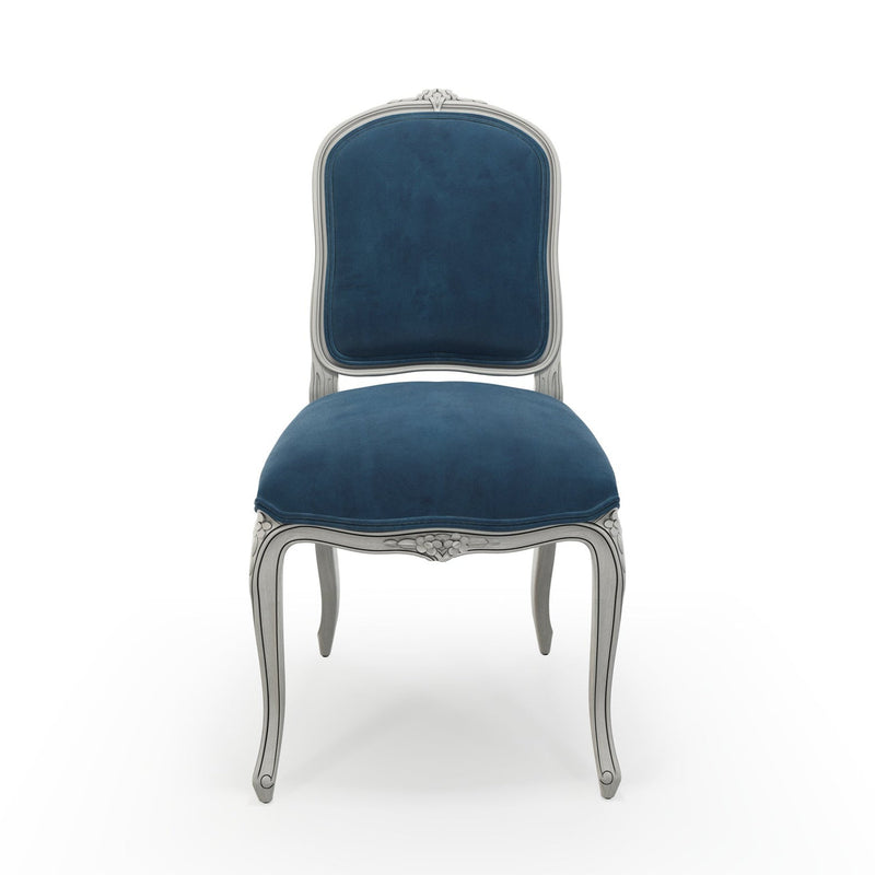 Sorgues Chaise patine Trianon couleur Velours bleu Saphir vue de face