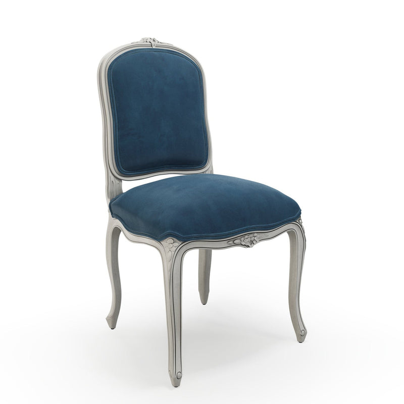 Sorgues Chaise patine Trianon couleur Velours bleu Saphir vue 3/4