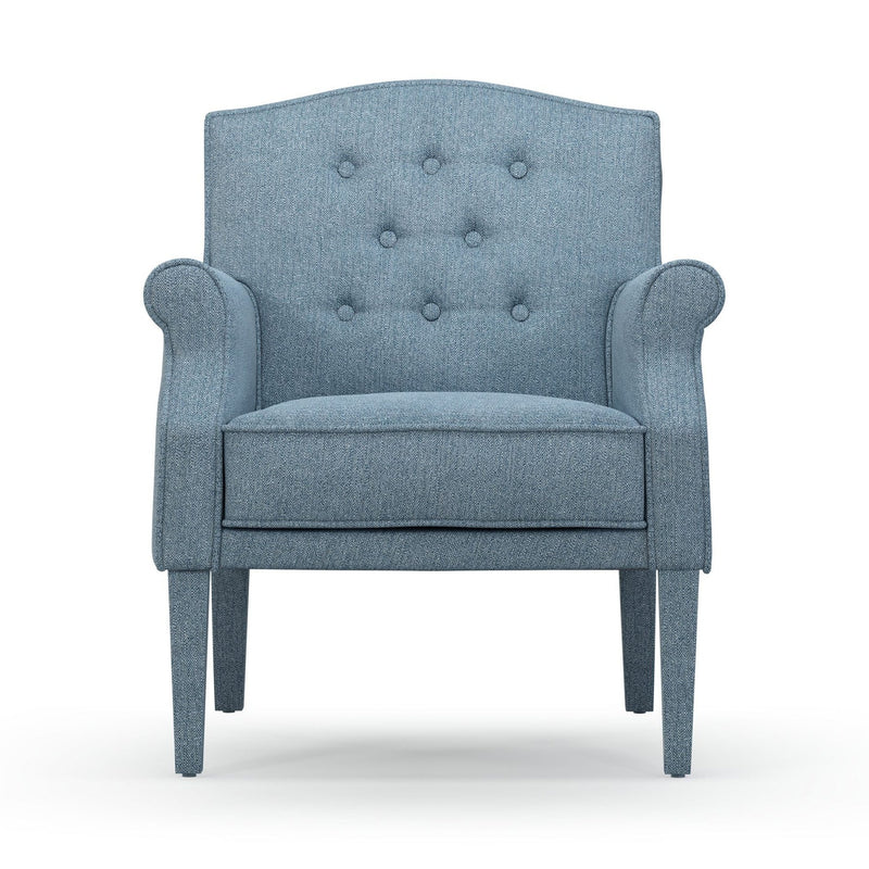 Charles Fauteuil club avec boutons pieds en tissu Chiné bleu Azur vue de face