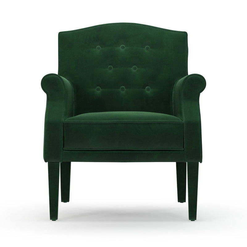 Charles Fauteuil club avec boutons pieds en tissu Velours vert Sapin vue de face