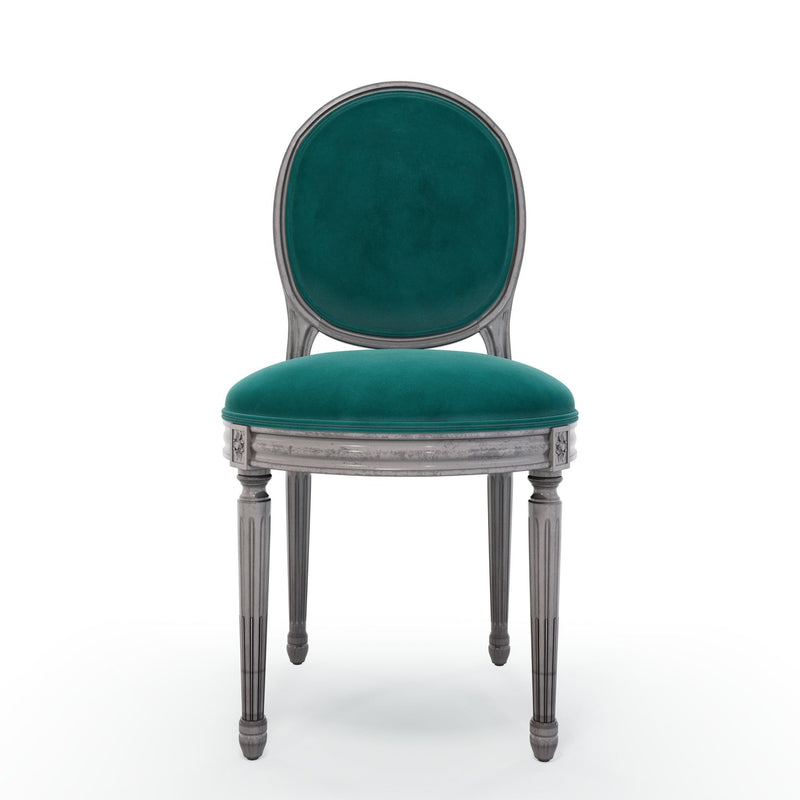 Médaillon Figeac Chaise patine Argentée couleur Velours vert Pétrole vue de face