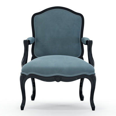 Figeac Fauteuil tapissé patine Ebène couleur Velours bleu Denim vue de face