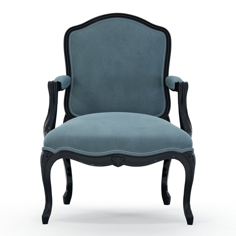 Figeac Fauteuil tapissé patine Ebène couleur Velours bleu Denim vue de face