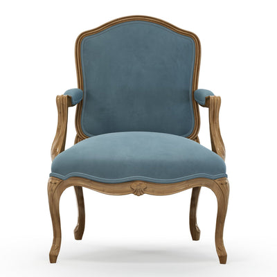 Figeac Fauteuil tapissé patine Brienne couleur Velours bleu Denim vue  de face