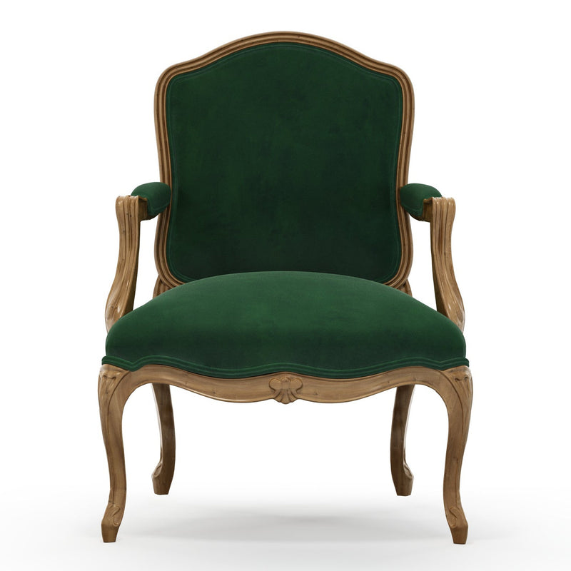 Figeac Fauteuil tapissé patine Brienne couleur Velours vert Sapin vue de face