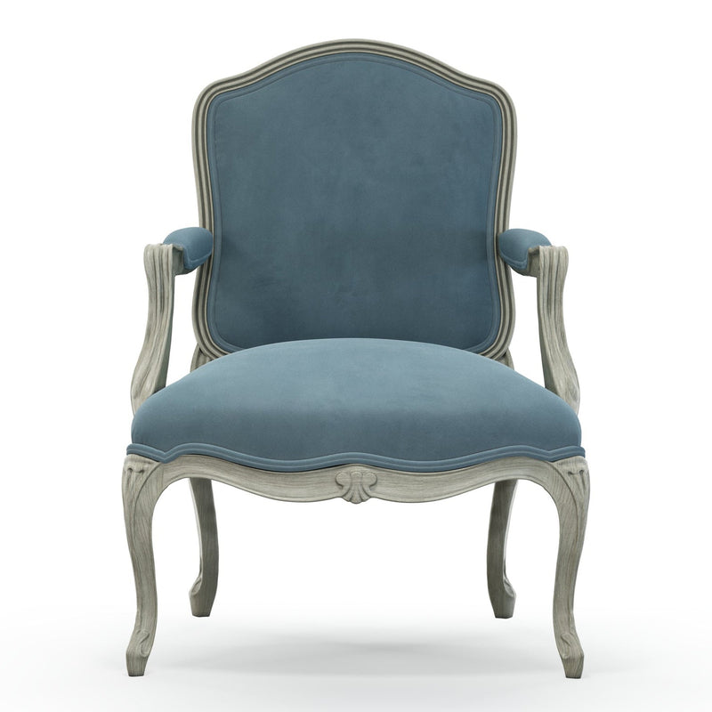 Figeac Fauteuil tapissé patine Trianon couleur Velours bleu Denim vue de face